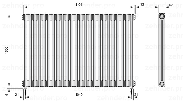 Схема (чертеж) Радиатор Zehnder Charleston 2150/24 №3570 Белый глянцевый RAL 9016